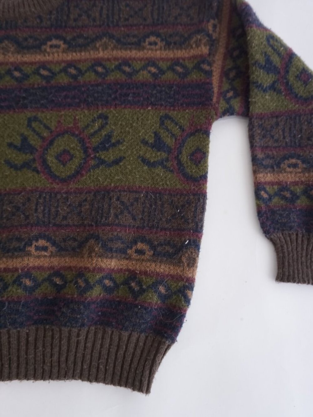 Vintage Olive Brown Tribal Southwestern Geometric Knit Sweater Cabin Grandpa M - Picture 5 of 9